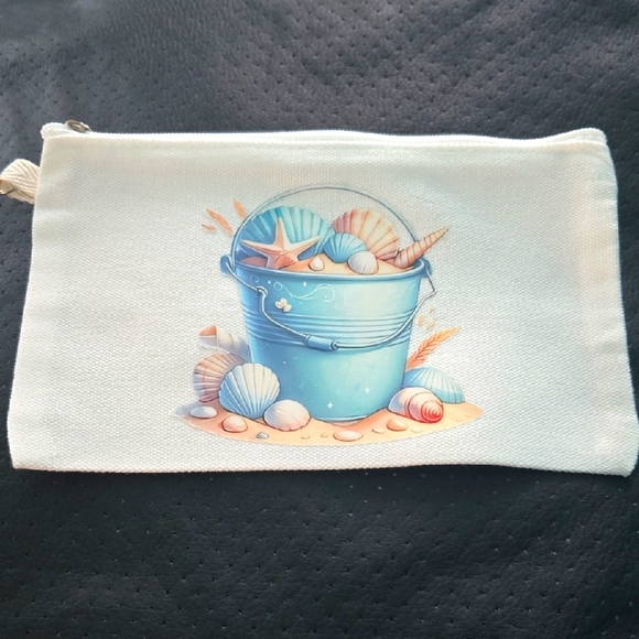Flip Flop Sea Shells Bucket Pail Double Sided Makeup Bag AOP zipper Close NWOT - Picture 1 of 3